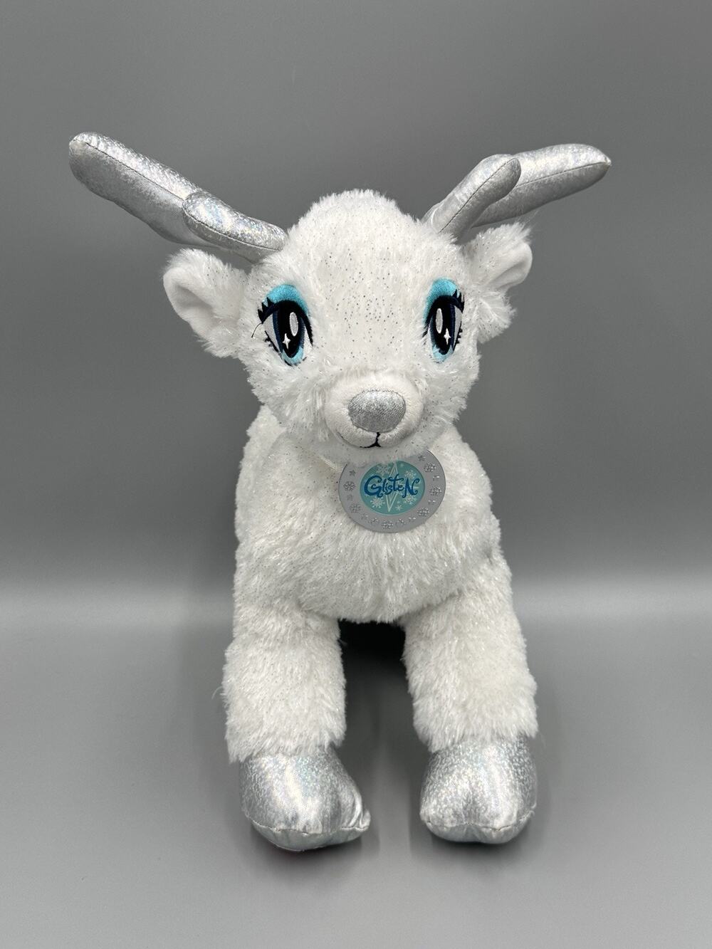 Build a Bear Reindeer Glisten Plush Antlers Sparkly White Silver 14” Stuffed Toy